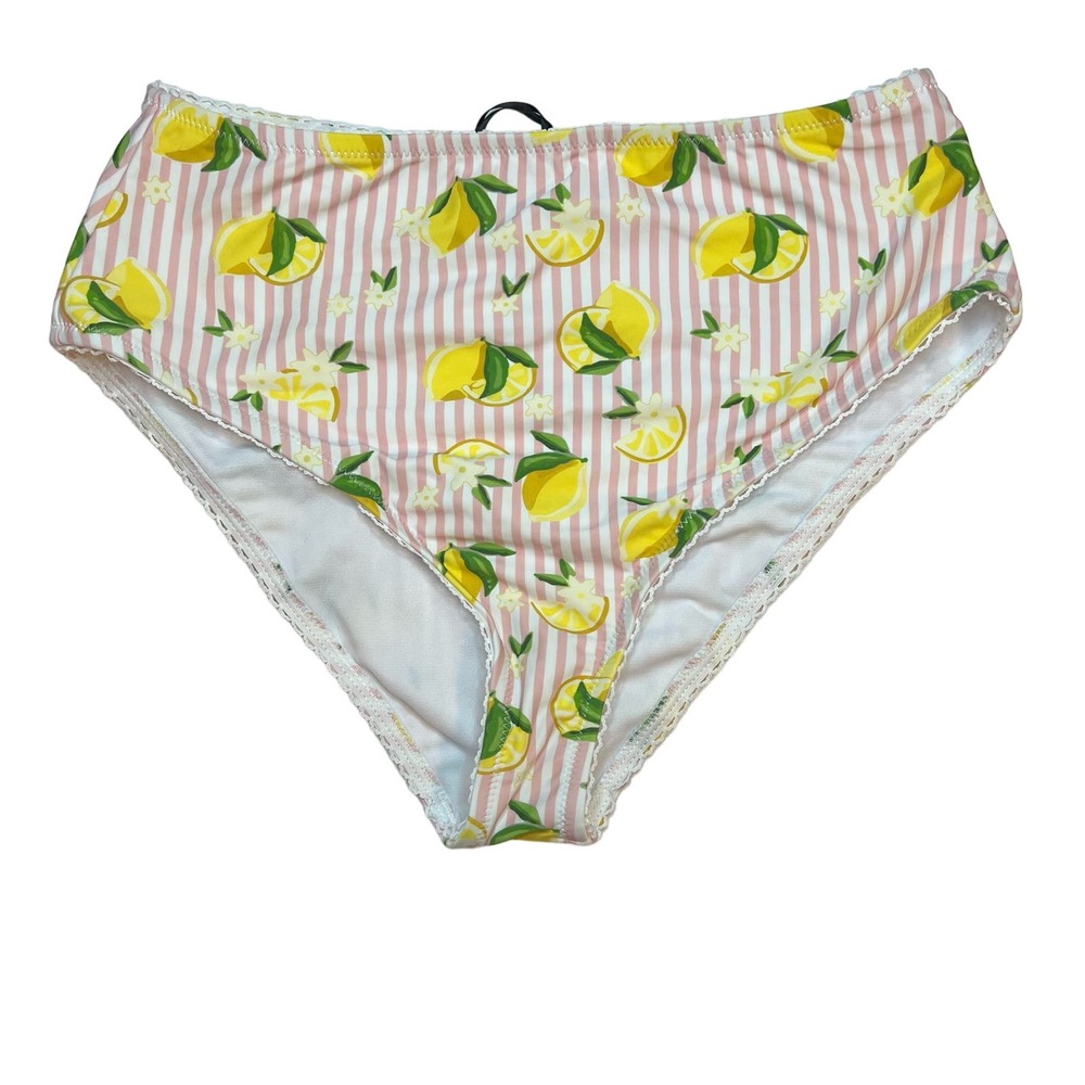 Unique Vintage High Waist Pink Stripe Lemon Bikini Bottom L New